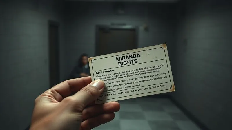 A close-up, photorealistic image of a worn, official-looking Miranda rights card being held by a hand, with the text slightly blurred but recognizable. The background shows a dimly lit, austere interrogation room, emphasizing the solemnity and pressure of the situation. Professional photography, 8K, cinematic lighting, sharp focus on the card, depth of field blurring the background, shot on a high-end DSLR.