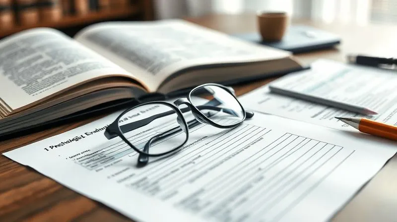 A photorealistic, professional photography image of a forensic psychologist's desk. There are open legal textbooks, detailed psychological evaluation forms, and a pair of reading glasses resting on a handwritten note. The background is softly blurred, suggesting a focused, analytical environment. 8K, cinematic lighting, sharp focus on the documents, depth of field.
