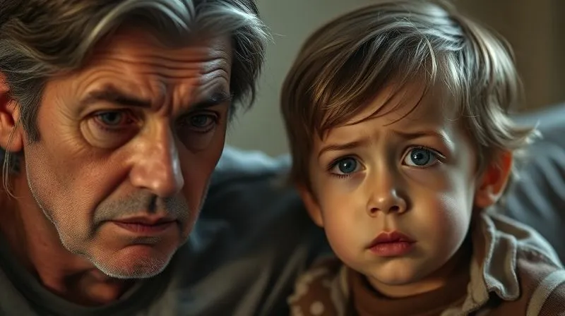 A photorealistic image of a parent looking stressed and overwhelmed, with a child looking on with concern, shot with cinematic lighting and shallow depth of field.