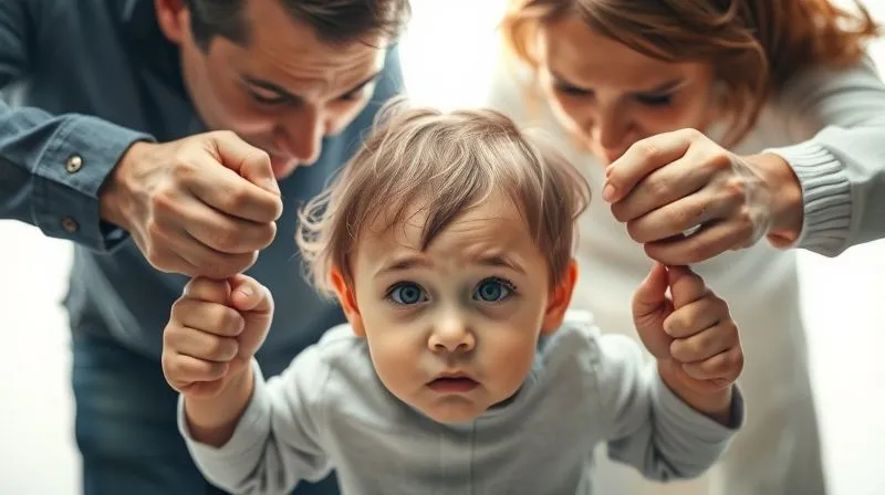 A photorealistic image of a child looking confused and torn between two parents, with each parent pulling the child in a different direction, shot with dramatic lighting and shallow depth of field.