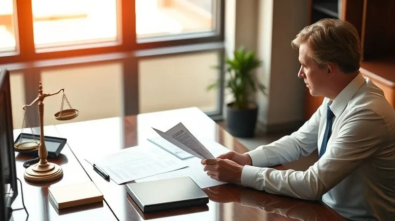 A photorealistic image of a lawyer sitting at a desk, reviewing legal documents with a concerned client, shot with warm, professional lighting and a shallow depth of field.