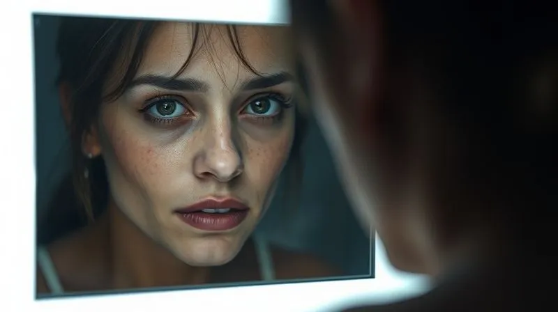 A photorealistic image of a person looking in a mirror, with a subtle reflection showing a faint scar on their face, evoking feelings of self-consciousness and emotional distress, cinematic lighting, sharp focus on the person's face, depth of field.