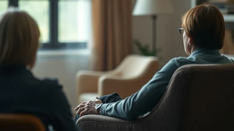 A photorealistic image of a person sitting in a comfortable chair, speaking calmly and honestly to an unseen individual, conveying a sense of vulnerability and openness, soft, warm lighting, depth of field blurring the background, professional photography, 8K, cinematic lighting.