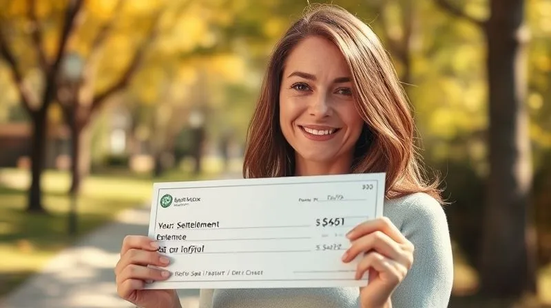 A photorealistic image of a woman smiling slightly, holding a settlement check, with a background of a sunny park, conveying a sense of relief and hope, cinematic lighting, sharp focus on the woman's face, depth of field.