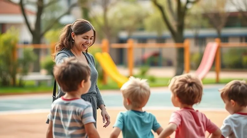 A photorealistic image of a school playground with a teacher supervising children playing, emphasizing the concept of duty of care, shot with natural lighting, focus on the teacher's interaction with the children, and a blurred background to maintain privacy.
