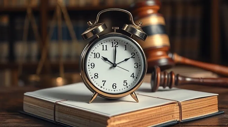 A photorealistic image of a ticking clock superimposed on a law book, symbolizing the importance of the statute of limitations in legal cases, shot with dramatic lighting, sharp focus on the clock, and a blurred background.