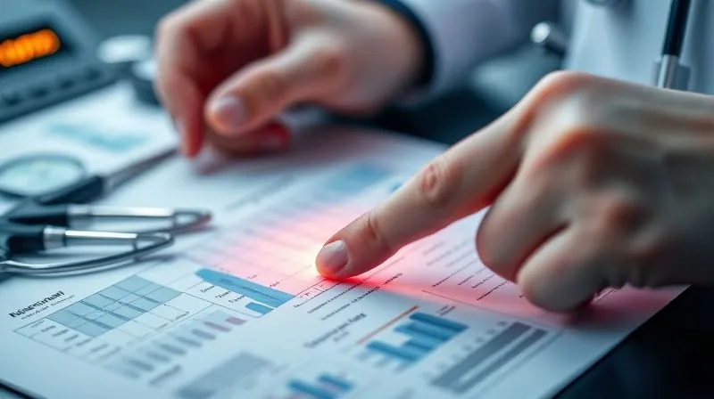 A photorealistic, professional photography, 8K, cinematic lighting, sharp focus, depth of field, shot on a high-end DSLR. Image of a doctor's hand meticulously reviewing a complex medical chart, with another hand pointing to a critical, highlighted section. The background shows blurred medical instruments, emphasizing the precision required in healthcare. The scene conveys diligence and adherence to professional standards.