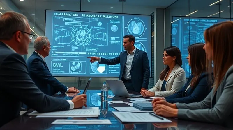 A photorealistic, professional photography, 8K, cinematic lighting, sharp focus, depth of field, shot on a high-end DSLR. Image of a legal team in a modern, glass-walled office, intensely focused on a large projection of complex medical data. One lawyer points to a specific section, while others review physical documents and laptops. The atmosphere is collaborative and strategic, showcasing high-stakes legal investigation.