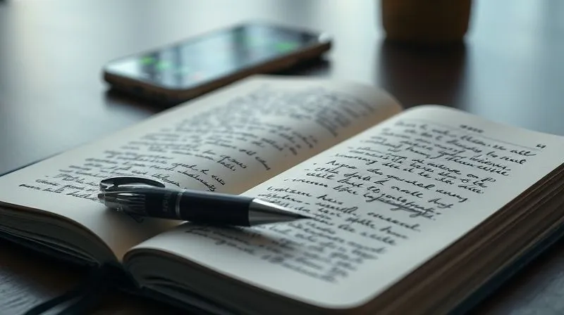 A photorealistic image of a journal open to a page with detailed handwritten entries, a pen resting beside it, and a smartphone displaying text messages in the background. The scene is well-lit, professional photography, 8K, cinematic lighting, sharp focus on the journal, depth of field blurring the background. The overall mood is serious and contemplative.