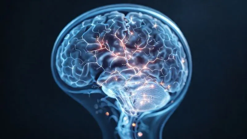 Photorealistic, professional photography, 8K, cinematic lighting, sharp focus, depth of field. A stylized, translucent human head with a faint, intricate network of glowing neural pathways visible within, some pathways showing subtle disruptions or dimming, contrasting with a blurred background of a standard, 'normal' MRI scan. The image conveys the idea of hidden, microscopic damage.