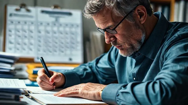 Photorealistic, professional photography, 8K, cinematic lighting, sharp focus, depth of field. A person meticulously writing in a journal, surrounded by neatly organized medical documents, with a calendar marked with dates in the background. Their expression is focused and determined. The setting is a quiet, well-lit study.