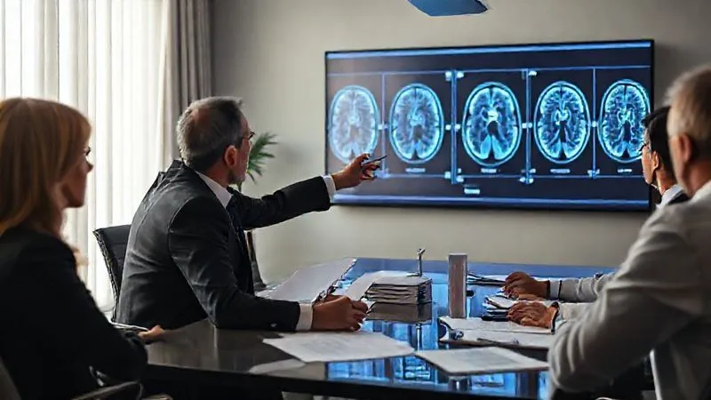 Photorealistic, professional photography, 8K, cinematic lighting, sharp focus, depth of field. A legal team in a modern, sunlit conference room, reviewing medical documents and digital brain scans projected on a large screen. One lawyer points to a specific area on a DTI scan while discussing with a client, conveying determination and expertise.