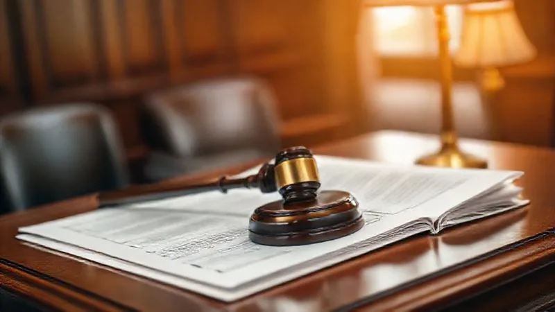 A photorealistic, highly detailed image of legal documents and a gavel resting on a rich mahogany desk, illuminated by a warm, focused light from a desk lamp. The background shows a subtly blurred courtroom setting, emphasizing the legal process. Professional photography, 8K hyper-detailed, shot on a high-end DSLR, conveying seriousness and justice.