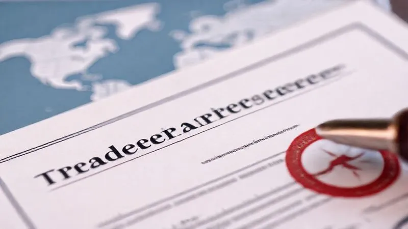A photorealistic close-up of a legal document displaying a trademark registration certificate, with a blurred map of the world in the background. Professional photography, 8K, cinematic lighting, sharp focus on the document details, depth of field, shot on a high-end DSLR, conveying legal authority.