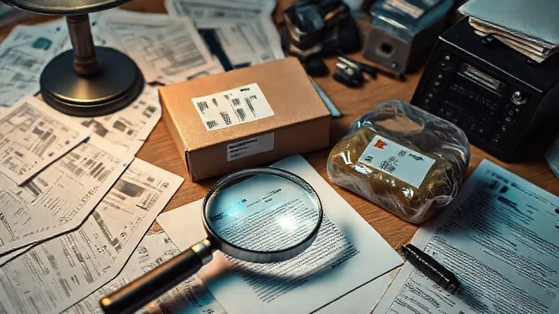A photorealistic image of a detective's desk, scattered with printed web pages, shipping labels, and two identical products side-by-side, one clearly a counterfeit. A magnifying glass rests on a document. Professional photography, 8K, cinematic lighting, sharp focus, depth of field, shot on a high-end DSLR, conveying meticulous investigation.