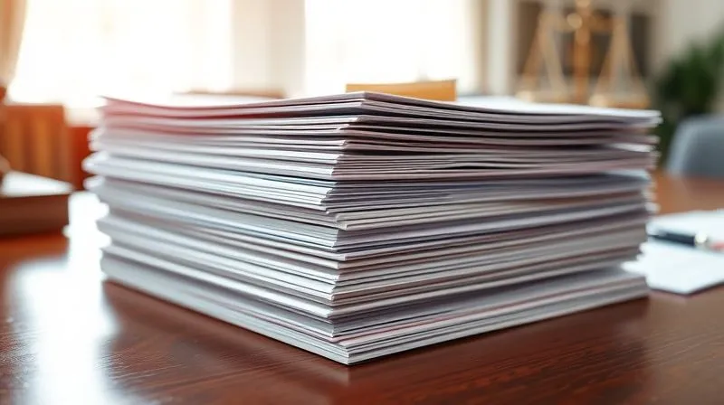 A close-up, photorealistic, 8K image of a neat stack of meticulously organized legal documents, including a calendar and highlighted notes, on a polished wooden desk, with soft, natural light filtering in, sharp focus on the documents, depth of field blurring a legal scale in the background, shot on a high-end DSLR.