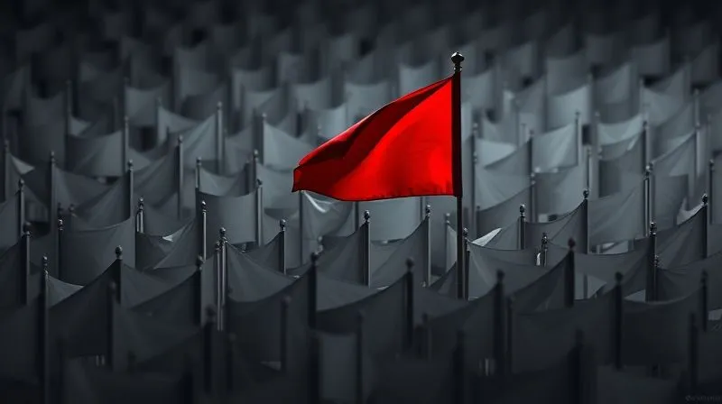 A photorealistic, professional photography, 8K image of a single red flag standing out distinctly in a field of otherwise uniform grey flags, creating a strong visual metaphor for identifying warning signs, cinematic lighting, sharp focus on the red flag, depth of field blurring the background, shot on a high-end DSLR.