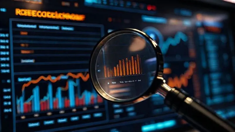 A futuristic dashboard displaying real-time regulatory changes and their potential business impacts, with a magnifying glass hovering over a critical data point. Photorealistic, professional photography, 8K, cinematic lighting, sharp focus, depth of field, shot on a high-end DSLR.