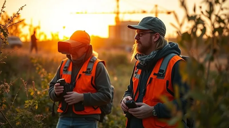 A photorealistic image of environmental scientists in the field, wearing vests and using professional survey equipment (e.g., GPS, binoculars, camera with telephoto lens) in a natural habitat, possibly near a construction site in the background. They are observing wildlife or collecting plant samples. Golden hour cinematic lighting, sharp focus on the scientists and equipment, depth of field blurring the background. 8K, professional photography, shot on a high-end DSLR.