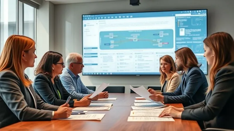 A photorealistic image of a diverse group of professionals (environmental lawyers, scientists, project managers) in a modern conference room, intensely discussing project plans and legal documents. A large screen in the background displays complex regulatory flowcharts and timelines. Cinematic lighting, sharp focus on the group's interaction and documents, depth of field blurring the background. 8K, professional photography, shot on a high-end DSLR.