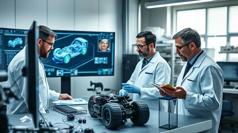 A photorealistic image of a diverse team of forensic experts in a modern lab, one looking at a 3D model on a large screen, another examining vehicle components, and a third taking notes, all working collaboratively under cinematic lighting, 8K hyper-detailed, sharp focus, depth of field, shot on a high-end DSLR.
