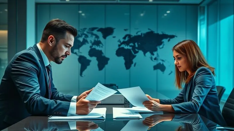photorealistic, professional photography, 8K, cinematic lighting, sharp focus, depth of field, shot on a high-end DSLR, a diverse group of legal professionals, a man and a woman, in a modern, well-lit office, intently reviewing documents and discussing strategy around a conference table, with a world map subtly in the background, conveying collaboration and expertise in complex international legal cases.
