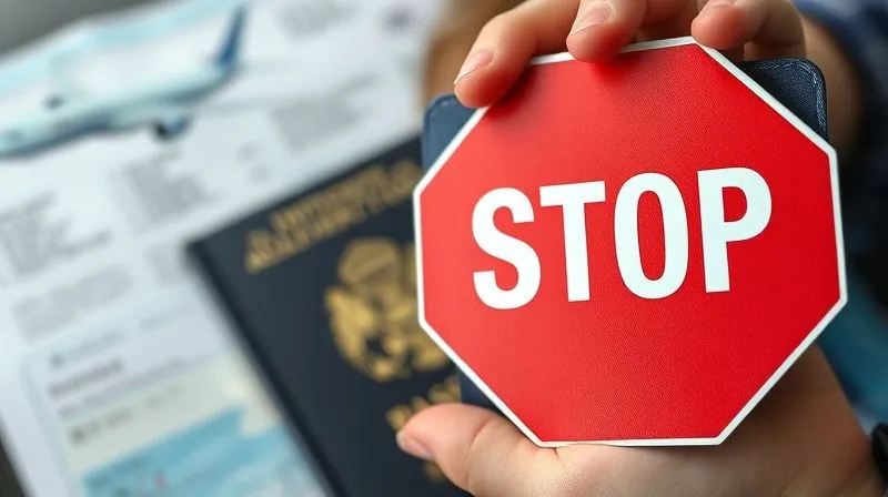 photorealistic, professional photography, 8K, cinematic lighting, sharp focus, depth of field, shot on a high-end DSLR, a child's passport partially obscured by a hand holding a 'STOP' sign, with international travel documents and a plane ticket blurred in the background, symbolizing proactive measures and travel restrictions to prevent child abduction, conveying a sense of security and vigilance.