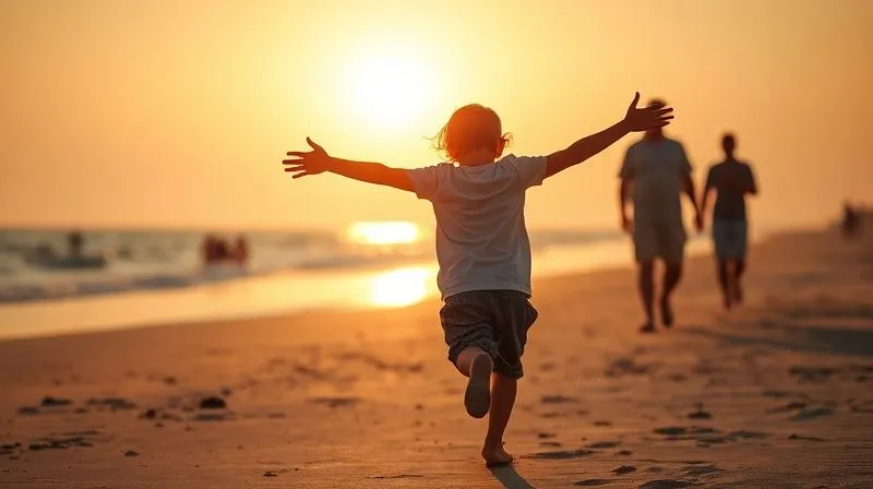 photorealistic, professional photography, 8K, cinematic lighting, sharp focus, depth of field, shot on a high-end DSLR, a heartwarming scene of a child running into the open arms of a parent on a sunny beach at sunset, silhouetted against the golden light, symbolizing hope and the joyful reunion after a long and difficult international child recovery, conveying emotional triumph and peace.