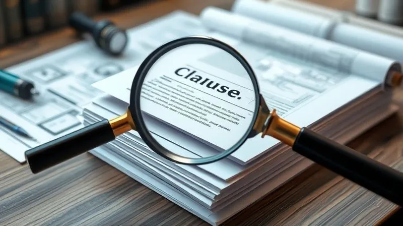 Photorealistic image of a stack of legal documents and construction blueprints on a desk, with a magnifying glass highlighting a specific clause, cinematic lighting, sharp focus, depth of field, 8K hyper-detailed.