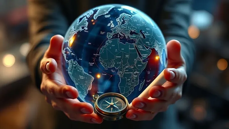 A photorealistic image of a holographic globe showing intricate shipping routes and legal symbols overlayed, with hands holding a compass and a legal scroll. Professional photography, 8K, cinematic lighting, sharp focus on the globe and hands, depth of field blurring the background, shot on a high-end DSLR, emphasizing global reach and legal navigation.
