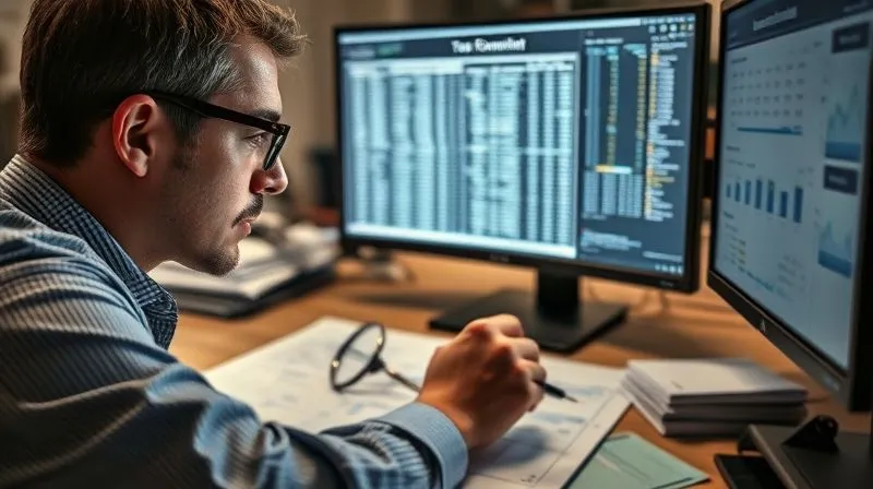 A photorealistic image of a professional forensic accountant, wearing glasses, intensely scrutinizing a complex spreadsheet on a monitor, with physical tax documents and a magnifying glass scattered on a large desk. The scene is well-lit, conveying concentration and discovery. Professional photography, 8K, cinematic lighting, sharp focus, depth of field blurring the background, shot on a high-end DSLR.