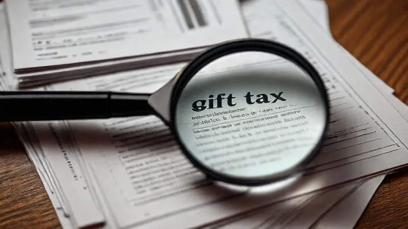 A photorealistic, professional photography, 8K image of a magnifying glass hovering over a stack of various tax forms and financial documents, highlighting a specific section related to 'gift tax.' The lighting is stark and analytical, with sharp focus on the magnified text and depth of field blurring the background. Shot on a high-end DSLR, conveying a sense of scrutiny and potential investigation.