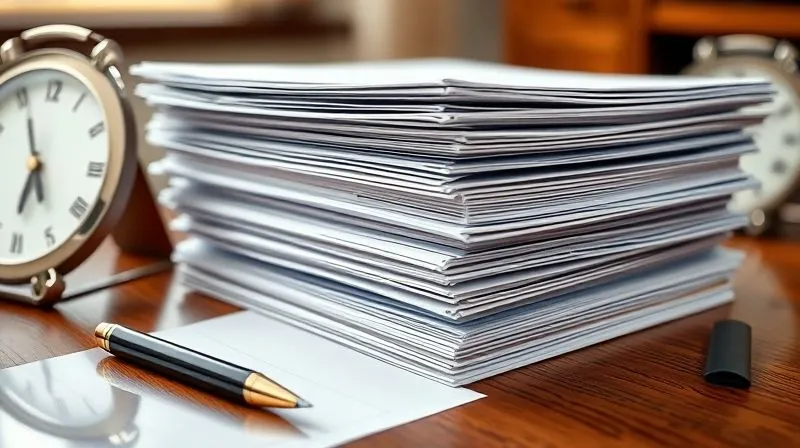 A photorealistic close-up of a neatly organized stack of legal documents, categorized with tabs, alongside a pen and a calendar, all on a polished wooden desk. The lighting is bright and professional, suggesting diligence and preparation. 8K, cinematic lighting, sharp focus, depth of field, shot on a high-end DSLR.