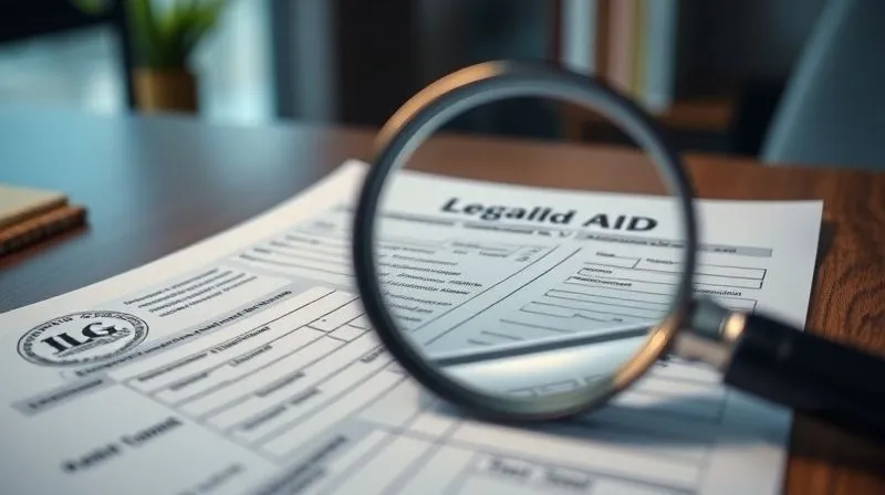 A photorealistic image of a complex legal aid application form, partially filled, with a magnifying glass hovering over a small, crucial section that needs attention. The background shows a slightly blurred office setting, emphasizing the detail-oriented nature of the task. Professional photography, 8K, cinematic lighting, sharp focus, depth of field, shot on a high-end DSLR.