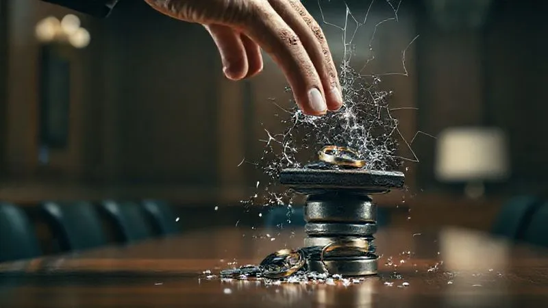 Photorealistic, professional photography, 8K, cinematic lighting, sharp focus, depth of field, shot on a high-end DSLR. A person's hand reaching towards a stack of falling personal items like house keys, a wallet, and a wedding ring, while a transparent, cracking corporate veil disintegrates around them. The background is a blurry, threatening courtroom scene. The image evokes personal loss and vulnerability.