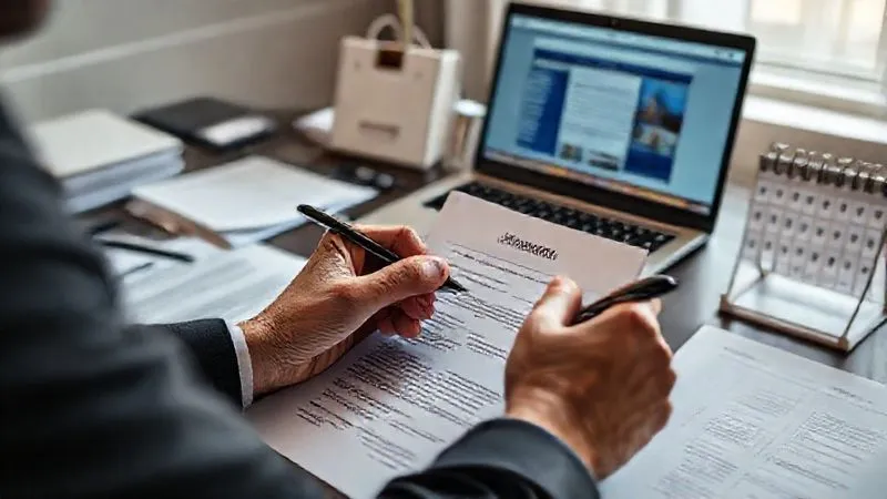Photorealistic, professional photography, 8K, cinematic lighting, sharp focus, depth of field, shot on a high-end DSLR. A professional desk setup with a laptop displaying a state Secretary of State website, surrounded by meticulously organized legal documents, a pen, and a calendar with highlighted dates. Hands are carefully filling out a reinstatement application form, symbolizing diligence and order in the process.