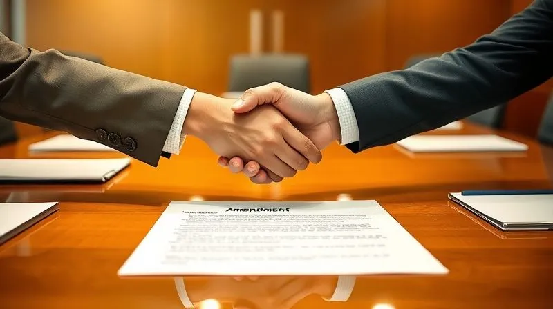 A photorealistic, close-up shot of two hands shaking firmly across a polished conference table, with a newly signed contract amendment clearly visible in the foreground. The lighting is warm and optimistic, suggesting a successful resolution and a fresh start. Sharp focus on the handshake and document, depth of field blurring the professional setting. 8K hyper-detailed, professional photography, shot on a high-end DSLR.