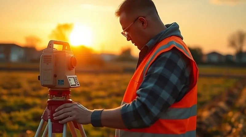 A photorealistic image of a professional land surveyor in a field, wearing safety vest, using a total station or GPS surveying equipment with a tripod. The sun is setting, casting long shadows, highlighting the precision and technical nature of the work. Sharp focus on the equipment and surveyor, depth of field blurring the background of a suburban landscape. 8K, cinematic lighting, professional photography, shot on a high-end DSLR.