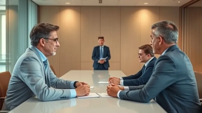 A photorealistic image of a professional mediator in a well-lit, modern conference room, facilitating a discussion between two individuals (representing property owners) seated across a table. The atmosphere is calm but serious, with neutral expressions. Sharp focus on the individuals, depth of field blurring the background. 8K, cinematic lighting, professional photography, shot on a high-end DSLR.