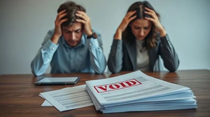 photorealistic, professional photography, 8K, cinematic lighting, sharp focus, depth of field, shot on a high-end DSLR, a frustrated couple sitting at a closing table, hands on their heads, with a stack of legal documents scattered, one document clearly showing a red 'VOID' stamp, conveying stress and disappointment over a delayed property sale.