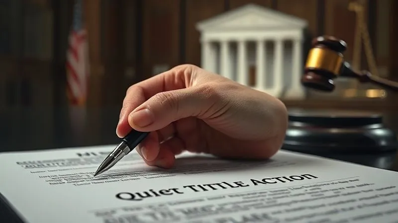 photorealistic, professional photography, 8K, cinematic lighting, sharp focus, depth of field, shot on a high-end DSLR, a hand holding a pen, poised over a complex legal document titled 'Quiet Title Action', with blurred background of a judge's gavel and a courthouse, symbolizing legal resolution and clarity.