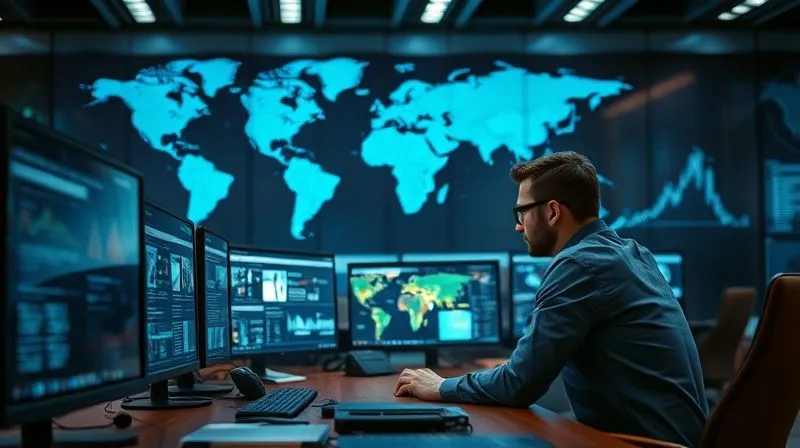 A photorealistic, professional photography shot of a legal team intently reviewing digital evidence on multiple screens in a modern, high-tech war room, with world maps subtly displayed in the background. The atmosphere is one of focused urgency and strategic coordination. 8K, cinematic lighting, sharp focus, depth of field.