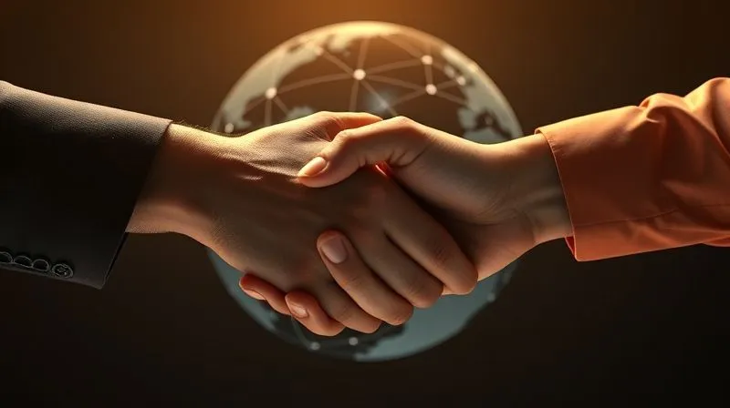 A photorealistic, professional photography shot of two hands, one from each side of a stylized globe, meeting in a firm handshake. The globe itself is subtly composed of interconnected lines and nodes, symbolizing global communication and agreement. The lighting is warm and optimistic, with a sharp focus on the handshake. 8K, cinematic lighting, depth of field.