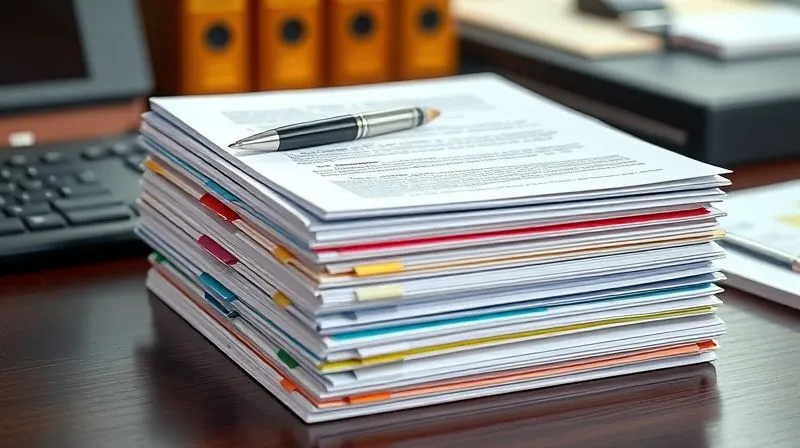 A photorealistic image of a professional desk with a meticulously organized stack of legal documents, each section clearly separated by colorful, labeled tabs. A pen rests atop the stack, with soft, cinematic lighting highlighting the precision, 8K hyper-detailed.