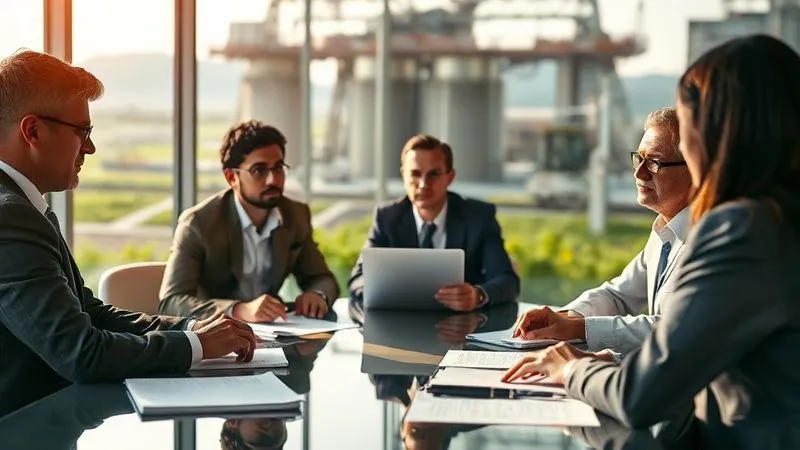 photorealistic, professional photography, 8K, cinematic lighting, sharp focus, depth of field, shot on a high-end DSLR, a diverse group of professionals (environmental lawyer, engineer, agency representative) around a conference table, engaged in serious but constructive negotiation, with documents and laptops, a subtle background hint of industrial land transitioning to green space, conveying complex problem-solving. photorealistic, professional photography, 8K, cinematic lighting, sharp focus, depth of field, shot on a high-end DSLR, a diverse group of professionals (environmental lawyer, engineer, agency representative) around a conference table, engaged in serious but constructive negotiation, with documents and laptops, a subtle background hint of industrial land transitioning to green space, conveying complex problem-solving.
