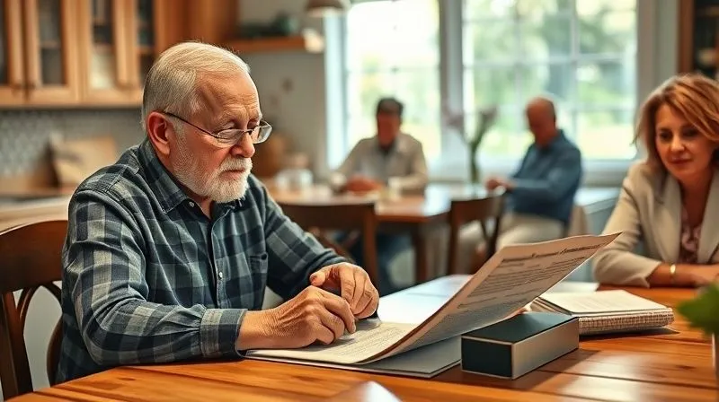 A photorealistic, professional photography, 8K, cinematic lighting, sharp focus, depth of field, shot on a high-end DSLR. An elderly person is sitting at a kitchen table, holding hands with an adult child, both looking at a legal document with serious but calm expressions. Other family members are respectfully listening in the background, conveying open communication and understanding during a family discussion about future healthcare wishes. The scene is warm and inviting.