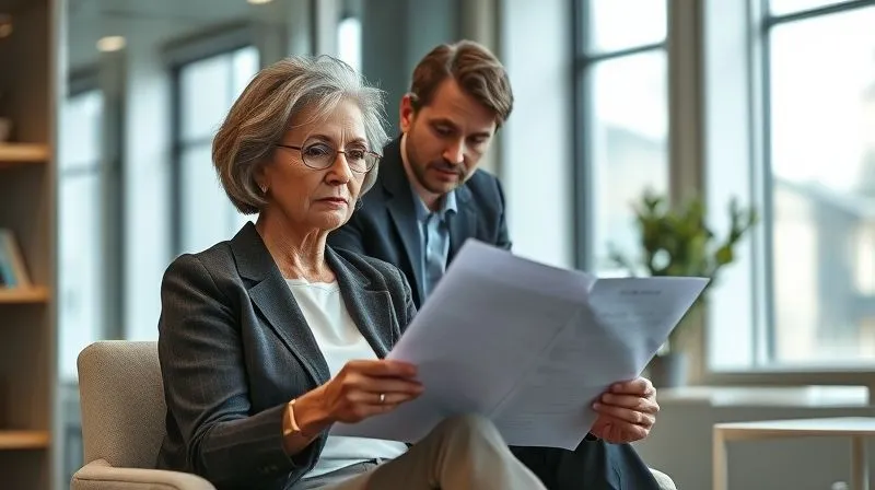 A photorealistic, professional photography, 8K, cinematic lighting, sharp focus, depth of field, shot on a high-end DSLR. A middle-aged woman, appearing thoughtful and resolute, is sitting in a modern office, reviewing legal documents. A supportive, professional-looking elder law attorney is gently guiding her through the paperwork, offering reassurance and clarity. The scene emphasizes empowerment and professional guidance for a healthcare proxy.