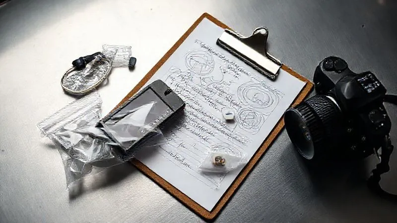 A photorealistic, professional photography, 8K, cinematic lighting, sharp focus, depth of field, shot on a high-end DSLR. A clipboard with detailed handwritten notes and diagrams, a camera with a timestamped photo of a fishing net, and a clear evidence bag containing a small, tagged item, all laid out on a clean, metallic surface. The focus is sharp on the items, conveying meticulous evidence collection and legal precision.