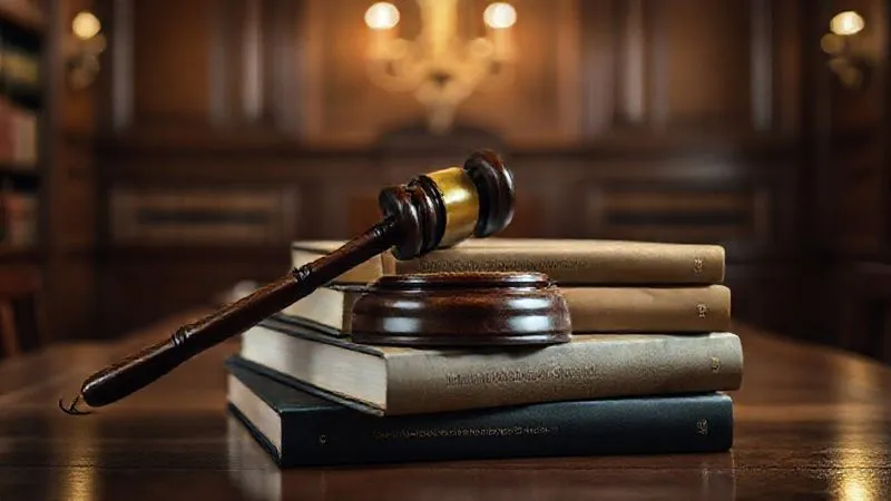 A photorealistic, professional photography, 8K, cinematic lighting, sharp focus, depth of field, shot on a high-end DSLR. A gavel resting on a stack of maritime law books in a dimly lit, traditional courtroom setting. The focus is on the gavel and books, with the background slightly blurred, evoking legal authority and the gravity of judicial proceedings in international law.