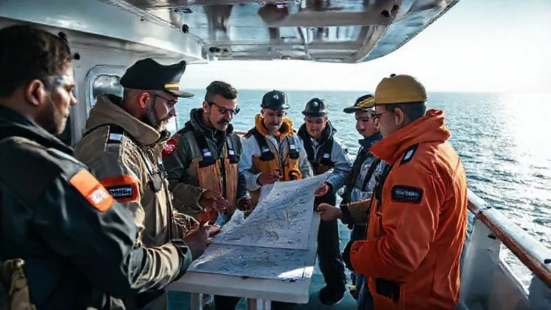 A photorealistic, professional photography, 8K, cinematic lighting, sharp focus, depth of field, shot on a high-end DSLR. A diverse group of maritime law enforcement officers and fisheries experts from various nations engaged in a collaborative training exercise on a modern patrol ship's deck. They are reviewing charts and discussing tactics, with a clear sense of international cooperation and shared purpose. The ocean is calm in the background, and the lighting is bright and professional.